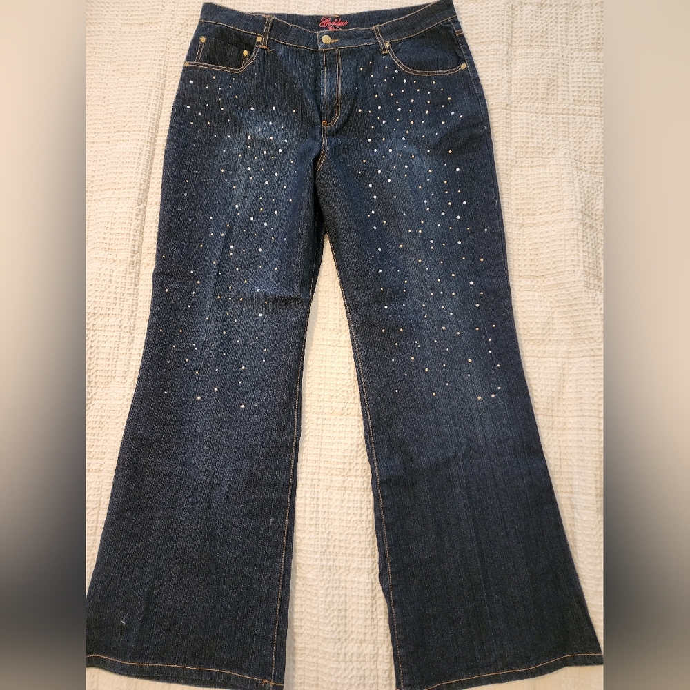 Women's Goddess Rhinestone Gold Studded Flared 5 Pocket Blue Jeans Size 18
